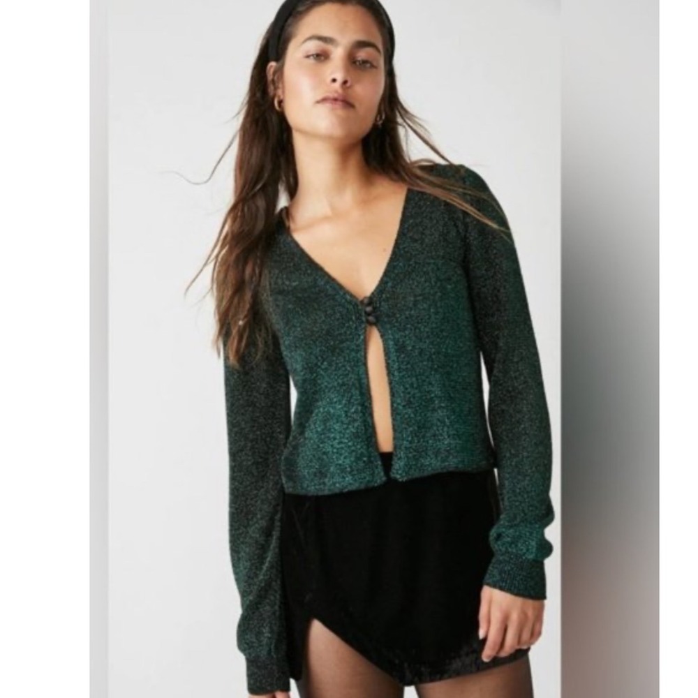 Free People Emmaline Sparkle V-Neck Cardigan Women S Green Metallic Knit Cropped